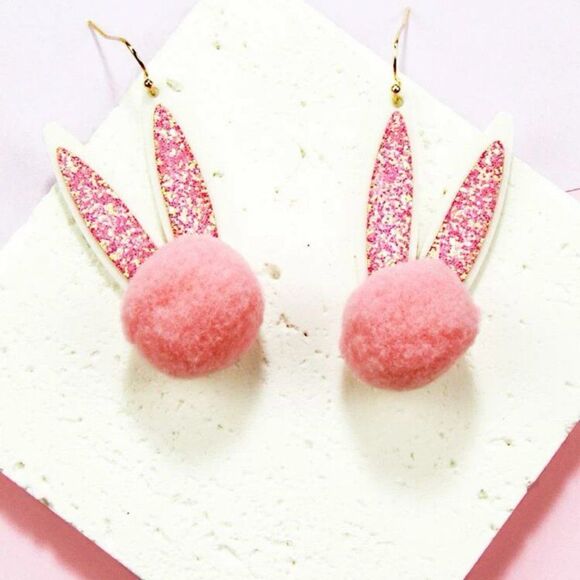 Pink Glitter Pom Pom Bunny Ear Earrings - Picture 9 of 11